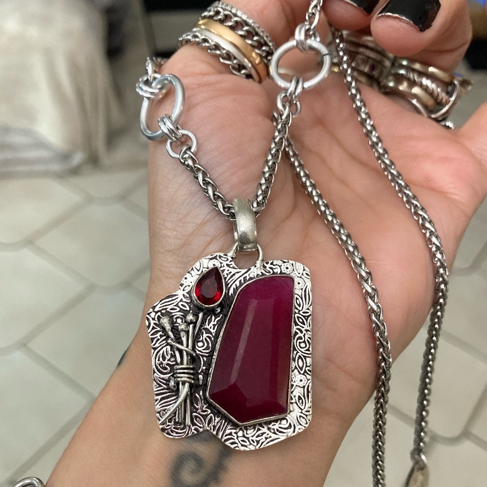 Genuine Garnet & pink Indian ruby gemstones boho charm silver necklace - Picture 12 of 16